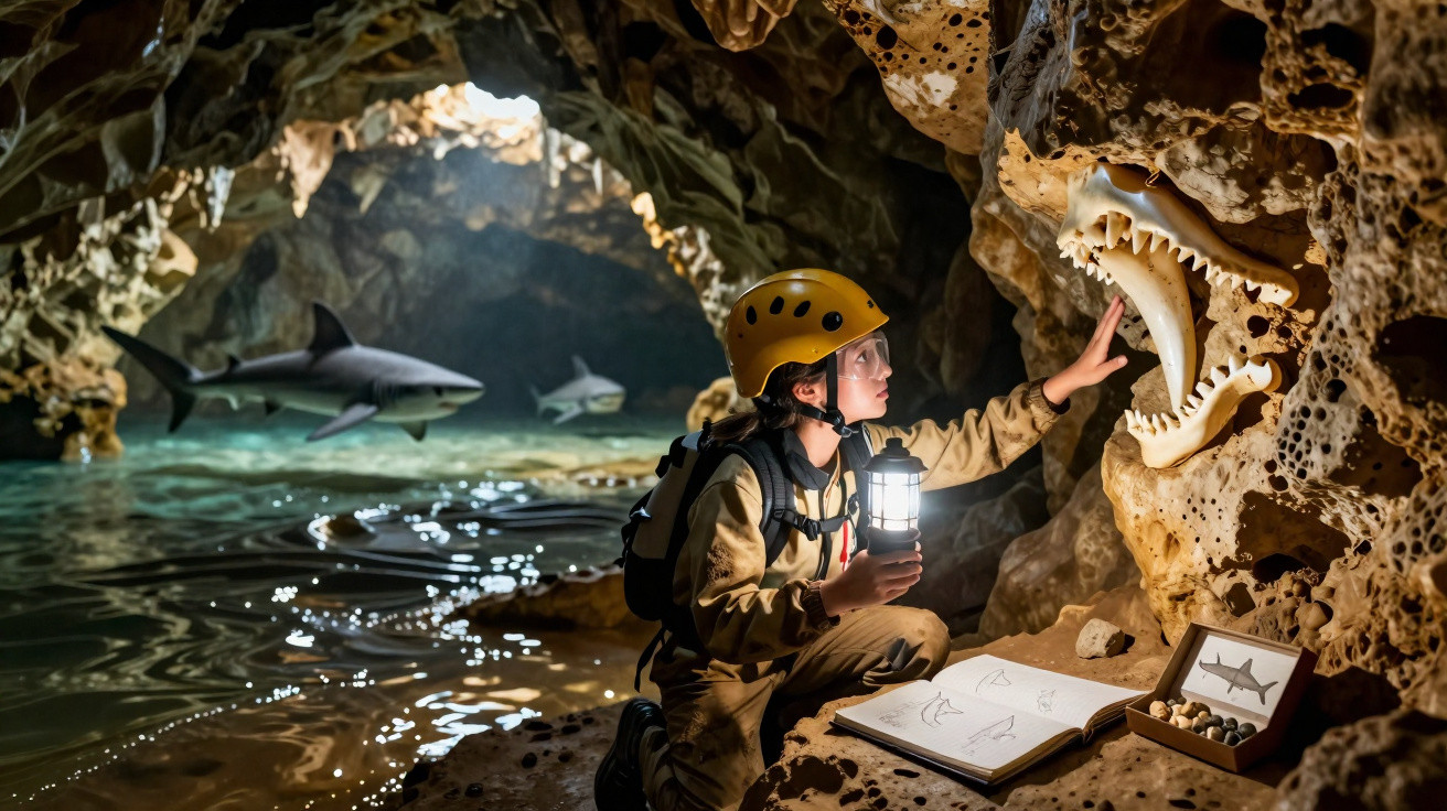 Explorador com capacete e lanterna num interior de gruta, estudando crânio de tubarão fossilizado junto ao mar.