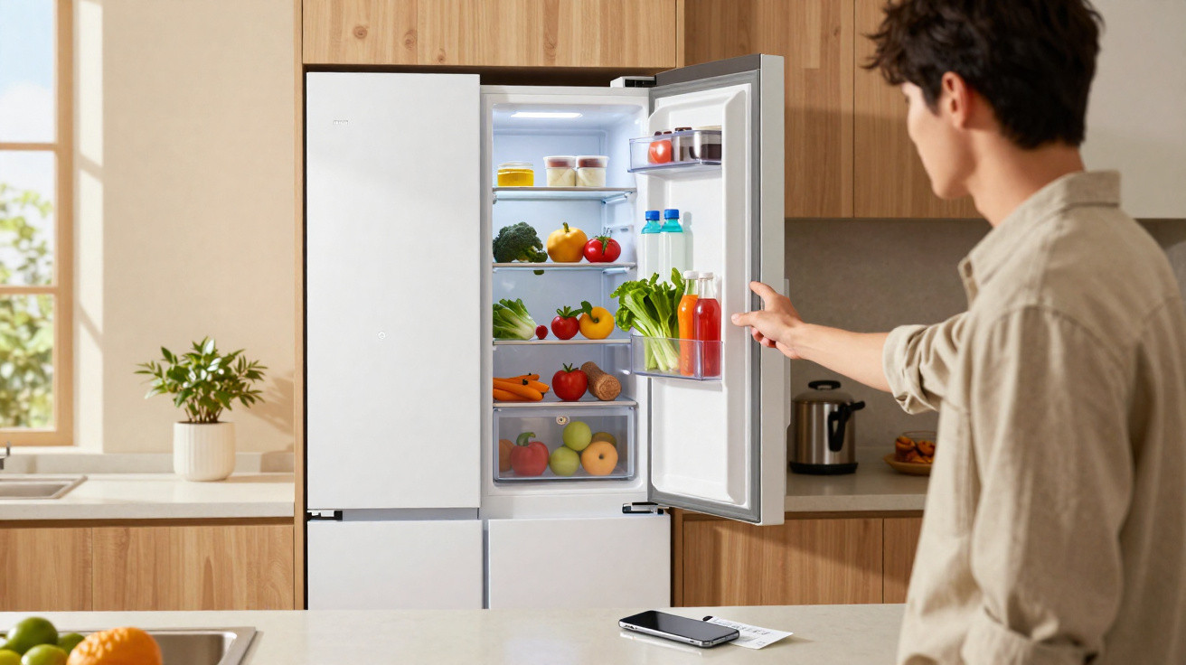 Pessoa a abrir frigorífico cheio de legumes, frutas e vegetais numa cozinha moderna.