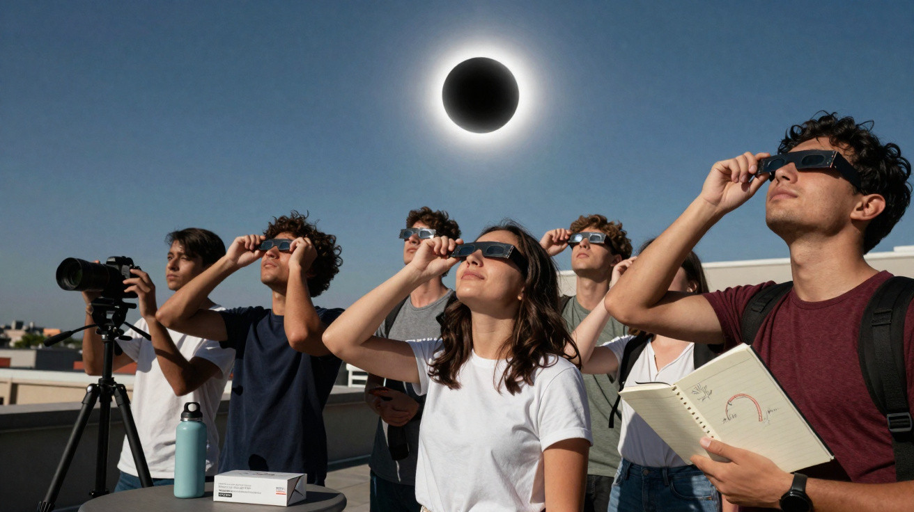 Grupo de pessoas a observar eclipse solar com óculos especiais e equipamento fotográfico no terraço.