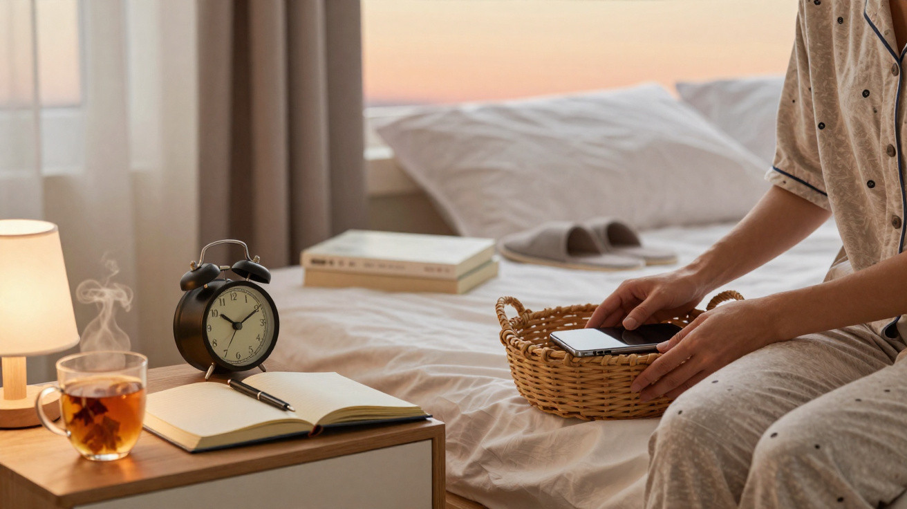 Pessoa em pijama sentada na cama a colocar telemóvel numa cesta, com livro, chá e despertador na mesa de cabeceira.