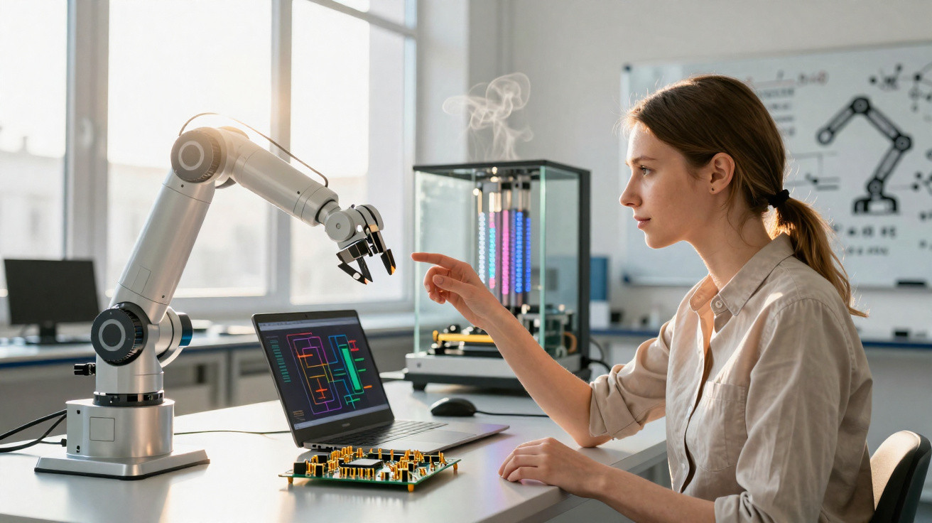 Mulher a trabalhar com braço robótico e computador num laboratório de tecnologia moderno.