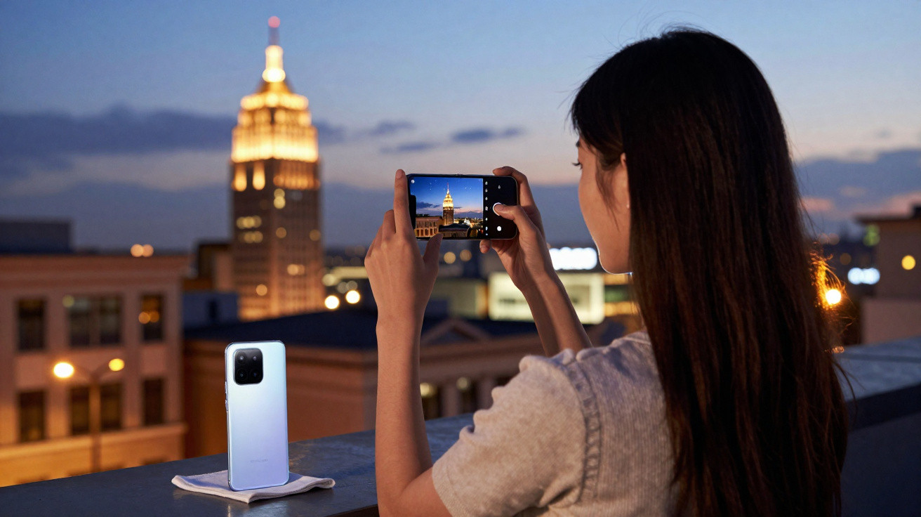 Mulher a fotografar edifício iluminado ao anoitecer com smartphone numa varanda urbana.