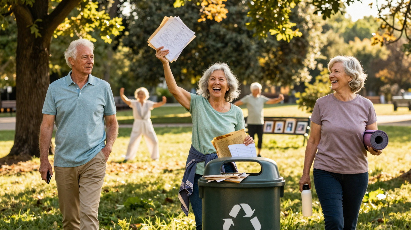 Grupo de idosos felizes a caminhar num parque e a reciclar papéis junto a um contentor verde.