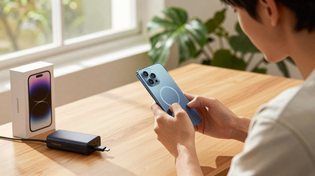 Pessoa a segurar um smartphone azul com carregador portátil sobre mesa de madeira junto à janela.