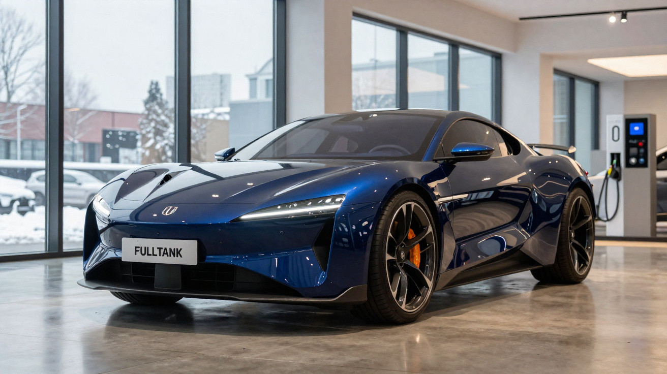 Carro desportivo elétrico azul estacionado num showroom moderno com grandes janelas.