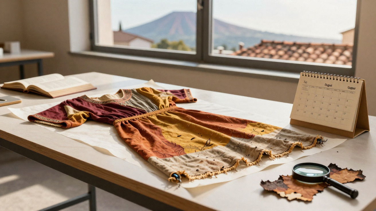 Vestido colorido estendido numa mesa de trabalho com calendário, livro e lupa, junto a janela com vista para montanha.