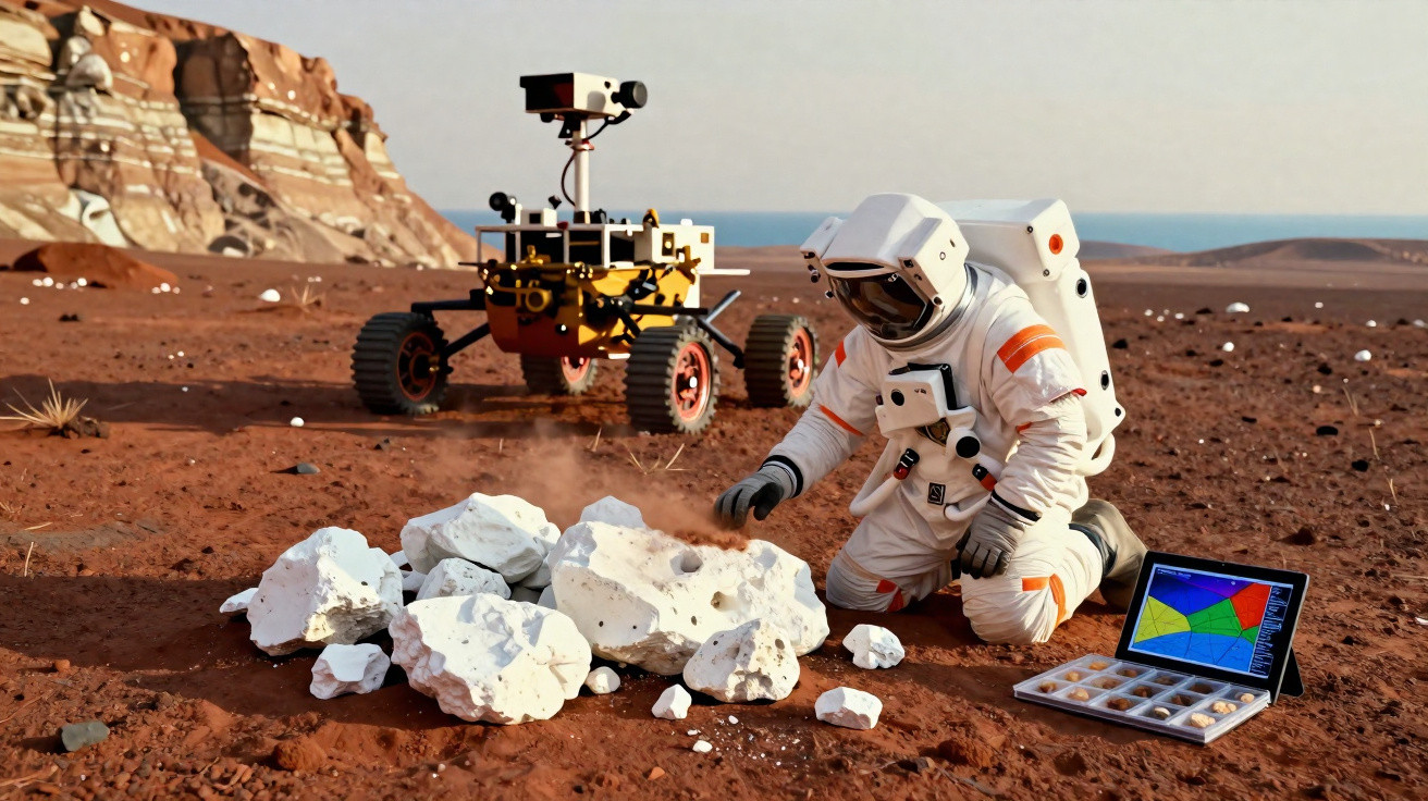 Astronauta em traje espacial analisa rochas brancas no solo avermelhado de Marte com robô e tablet ao lado.