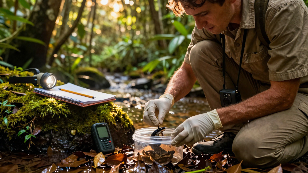 Cientista com luvas colhe salamandra em recipiente transparente numa floresta junto a riacho.