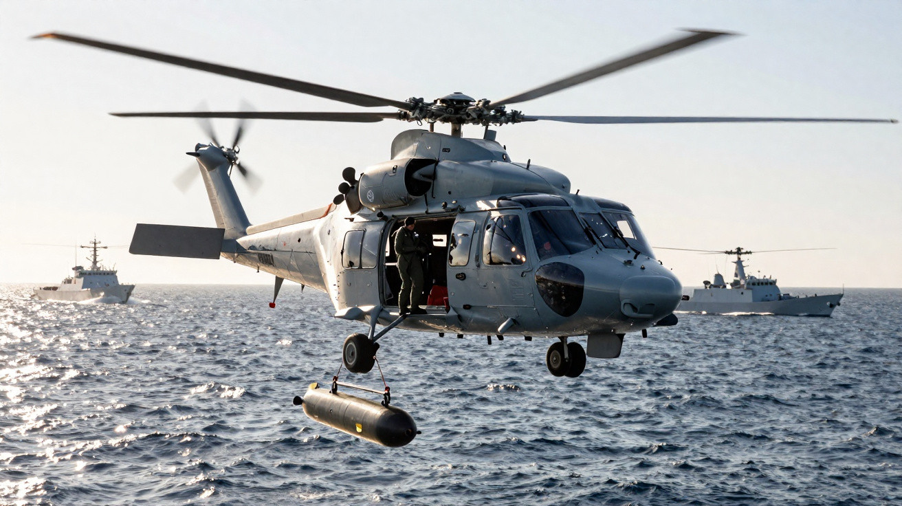 Helicóptero militar cinzento em voo próximo ao mar com duas embarcações navais ao fundo.