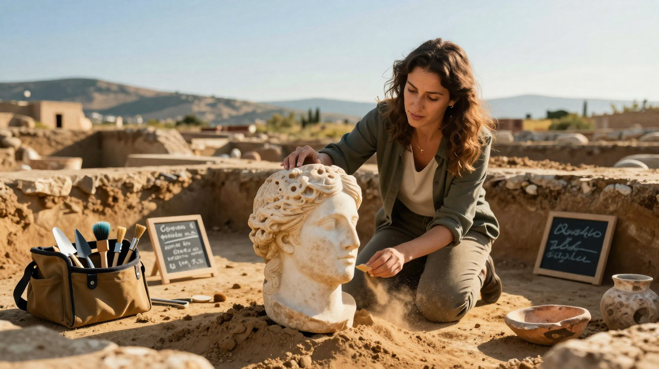 Mulher a restaurar uma escultura de cabeça clássica numa escavação arqueológica ao ar livre.