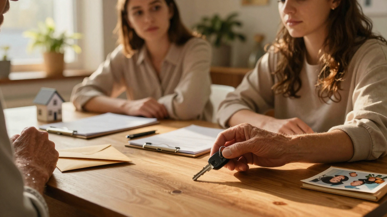 Pessoa entrega chave de casa a duas mulheres sentadas à mesa com documentos e fotografias familiares.