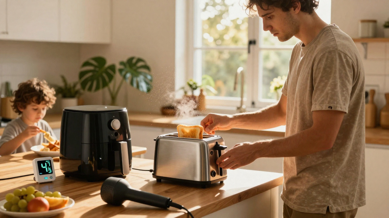 Homem a fazer torradas com torradeira enquanto criança come à mesa numa cozinha iluminada.