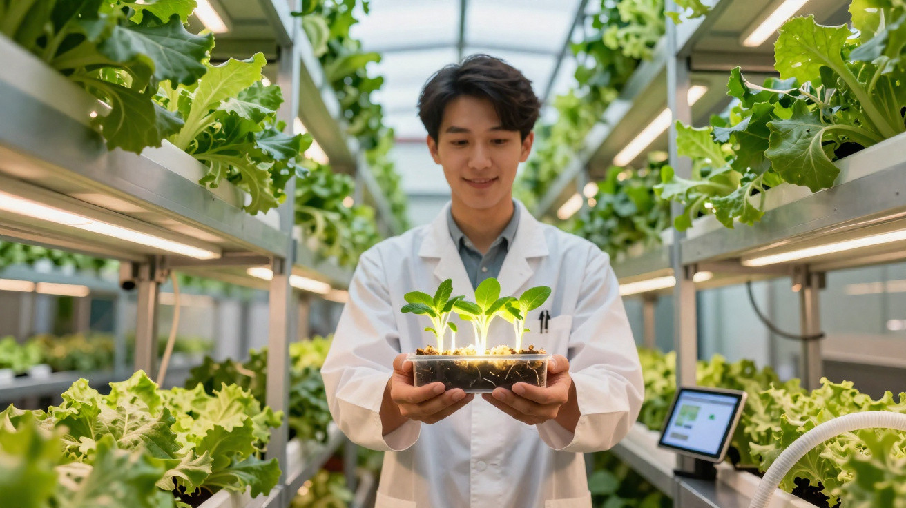Homem de bata branca segura muda de planta em estufa moderna com cultivo hidropónico.