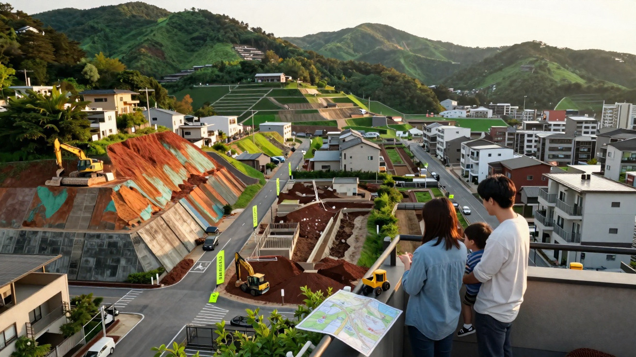 Família observa obra de construção em zona residencial com morros e casas ao fundo ao pôr do sol.