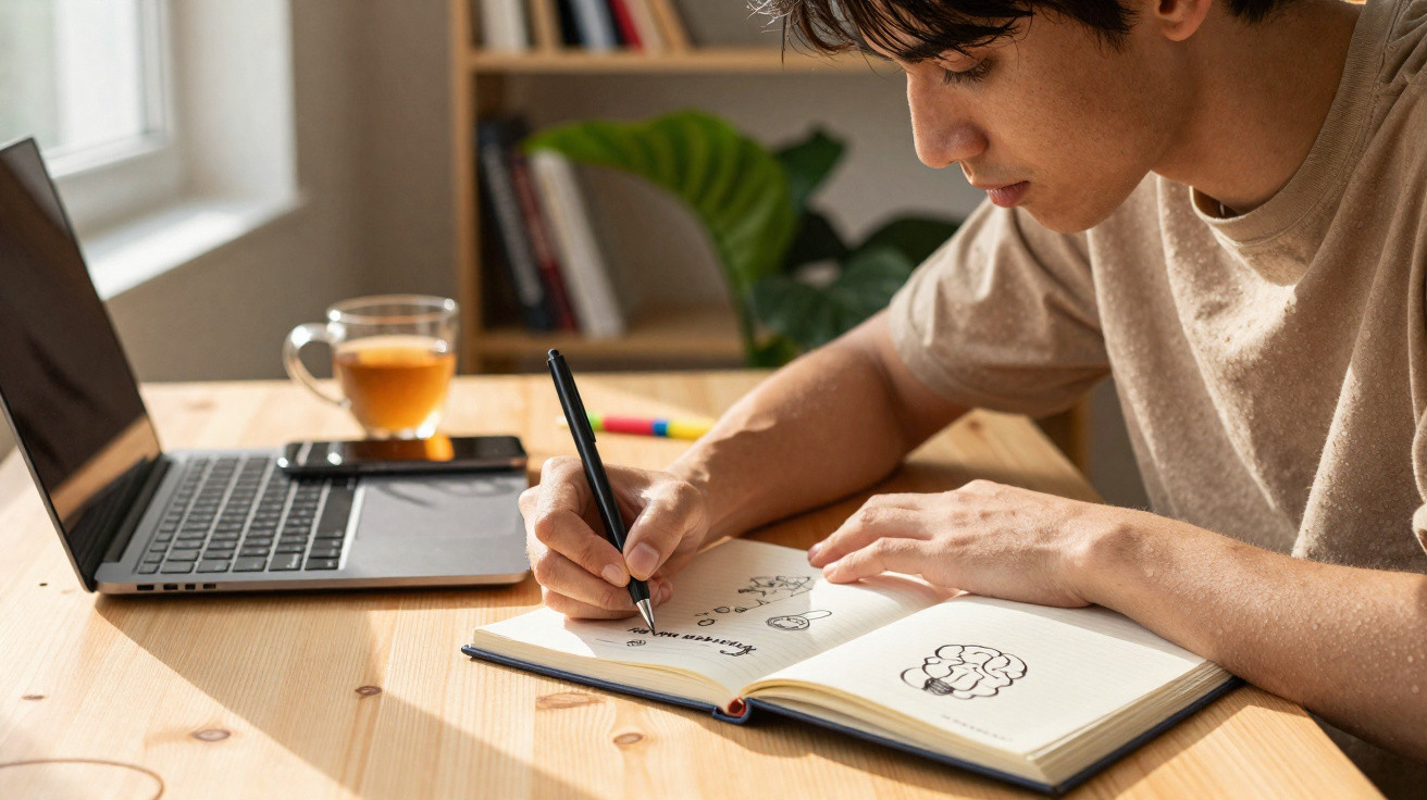 Pessoa a desenhar e a fazer anotações num caderno aberto, com computador portátil e chá numa mesa de madeira.