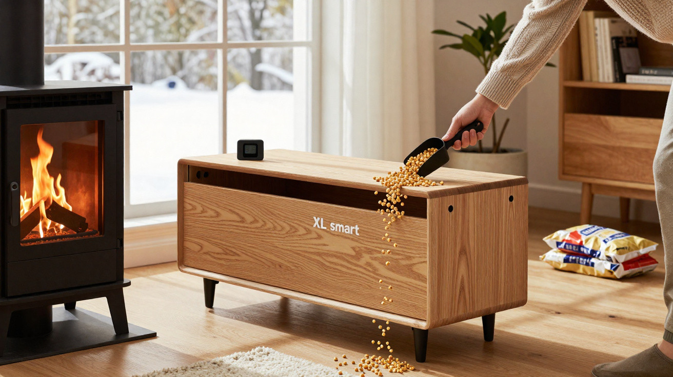 Pessoa a deitar pellets numa lareira pellet XL smart numa sala com chão de madeira e janela grande.