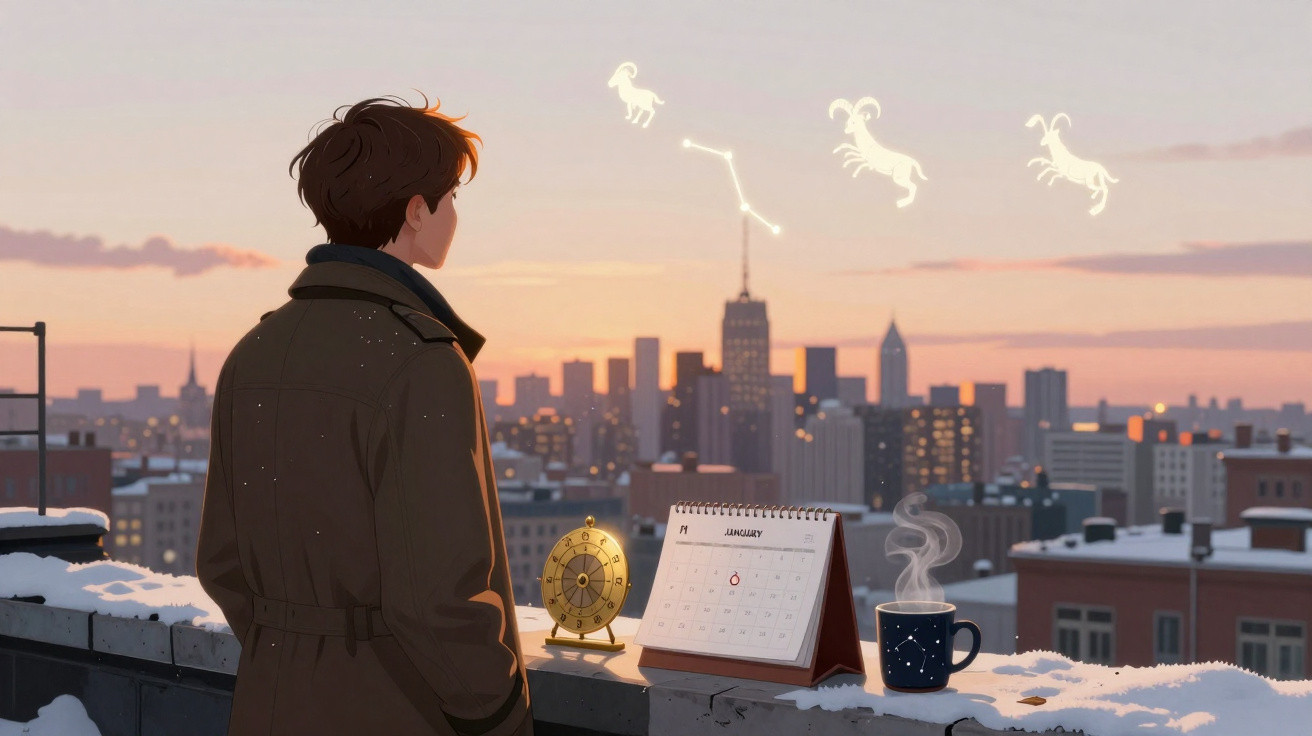 Jovem observa o céu ao pôr do sol com constelações, num terraço com calendário, bússola e chá fumegante.