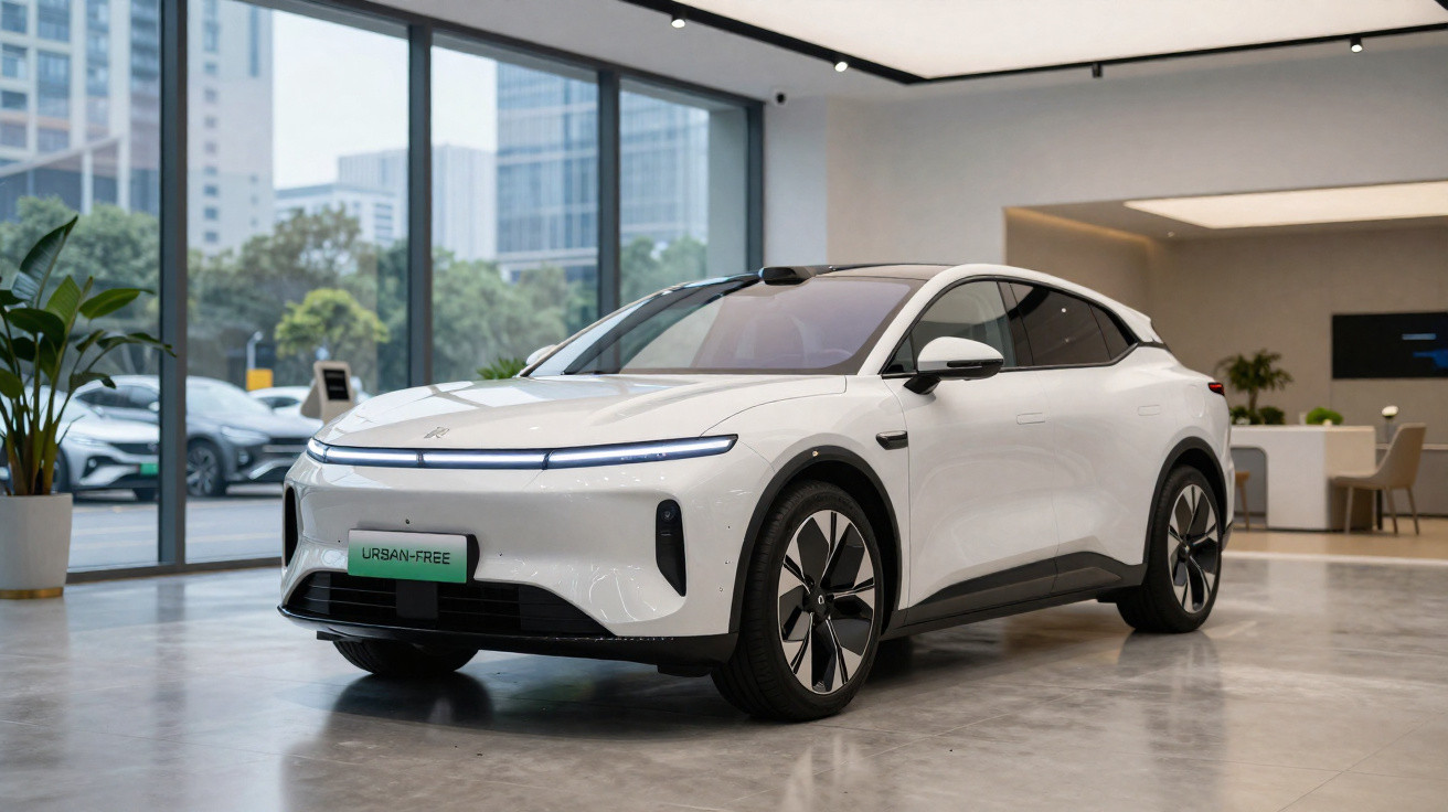 Carro elétrico branco estacionado em showroom moderno com janelas amplas e decoração minimalista.