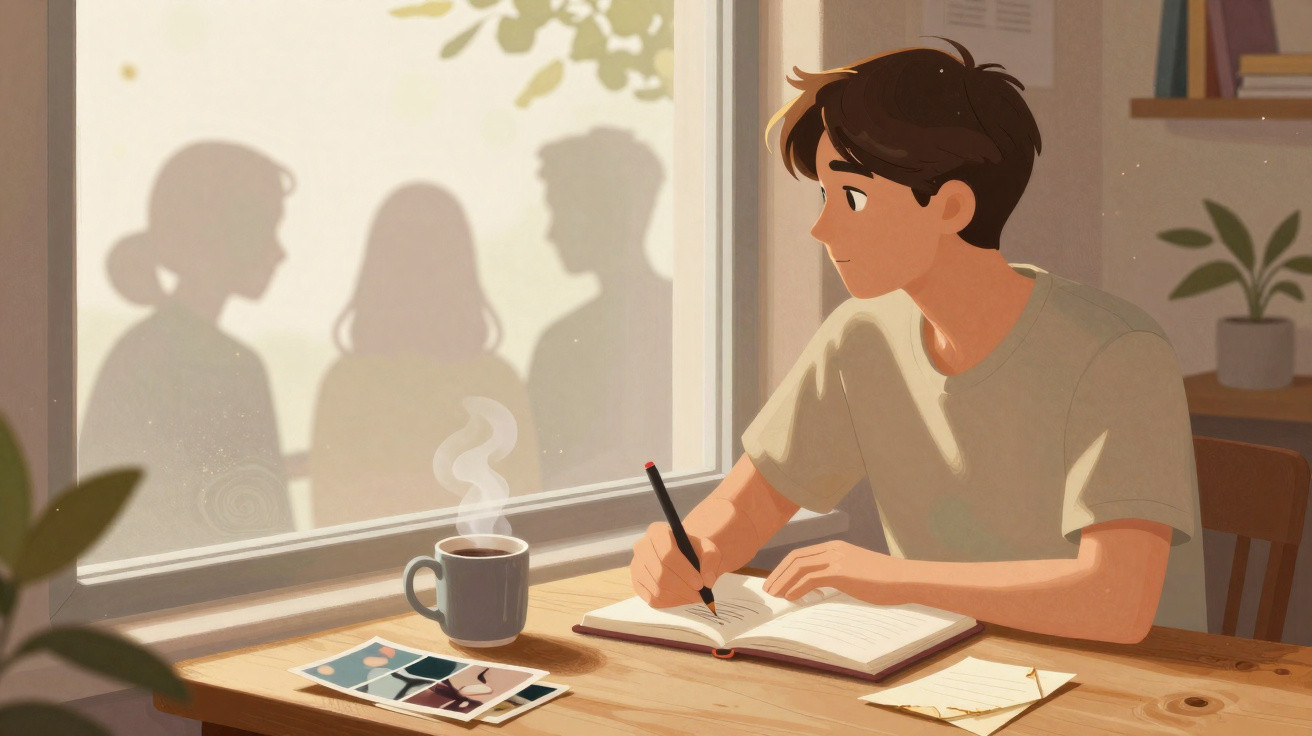 Jovem sentado a escrever num caderno, olhando pela janela onde se vêem silhuetas de três pessoas.