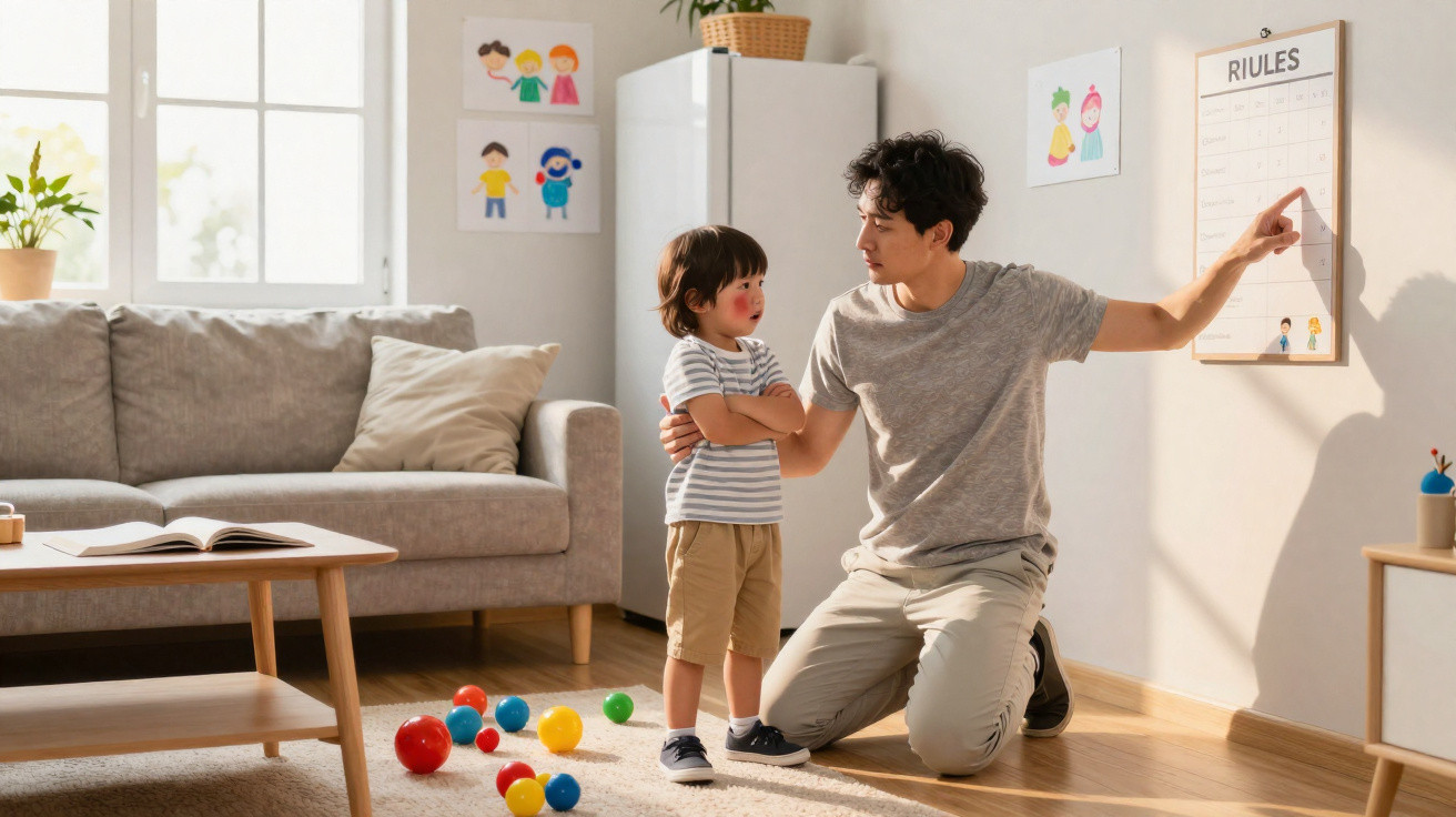 Pai a explicar regras a filho pequeno na sala, com bolas coloridas espalhadas no chão.