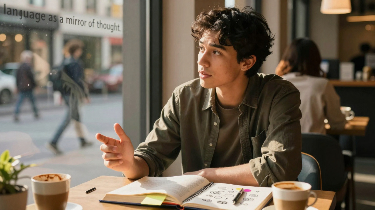 Jovem a conversar numa cafetaria com livros e duas chávenas de café na mesa junto à janela.