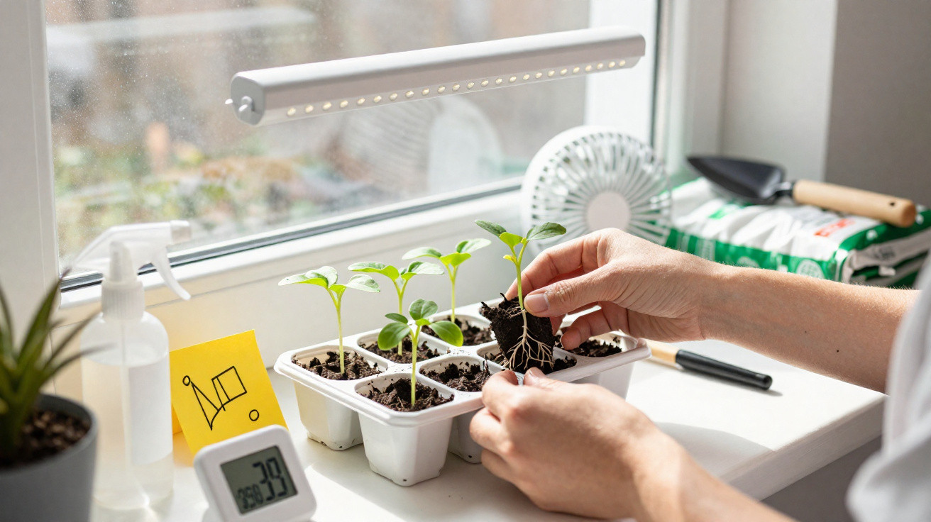 Mãos transplantam planta jovem de vaso pequeno para tabuleiro com mudas junto a janela iluminada.