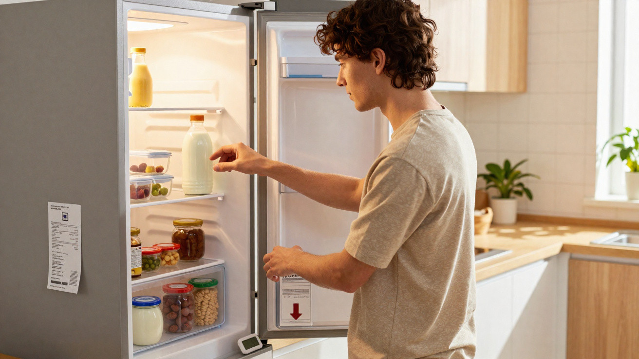 Jovem a retirar garrafa de leite do frigorífico aberto numa cozinha moderna e iluminada.