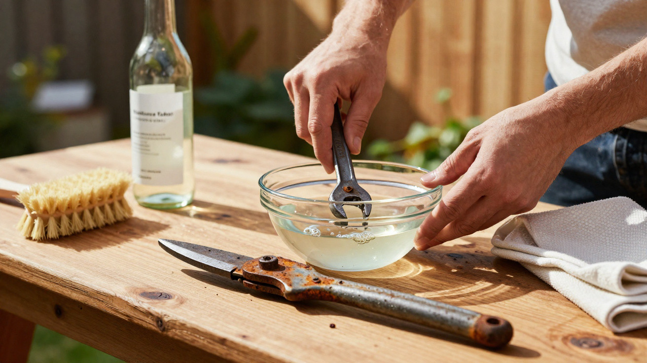 Mãos a limpar uma chave inglesa num recipiente com líquido, ao lado de uma tesoura de poda enferrujada sobre uma mesa de made