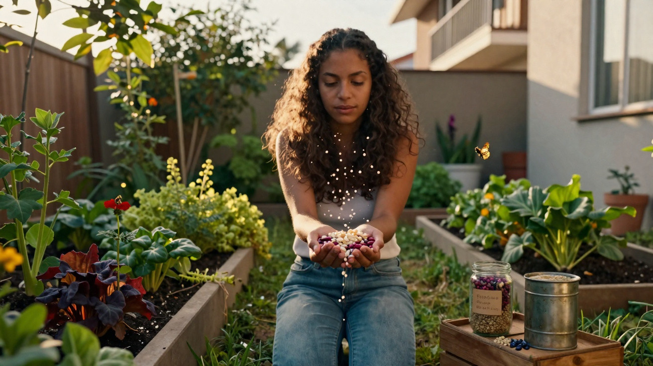 Mulher de cabelos encaracolados semeando feijões no jardim urbano com plantas e flores ao redor.