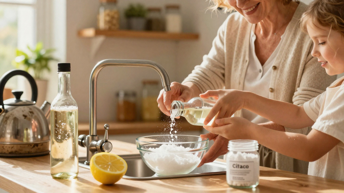 Criança e mulher a preparar mistura na cozinha com ingredientes e limão na bancada de madeira.