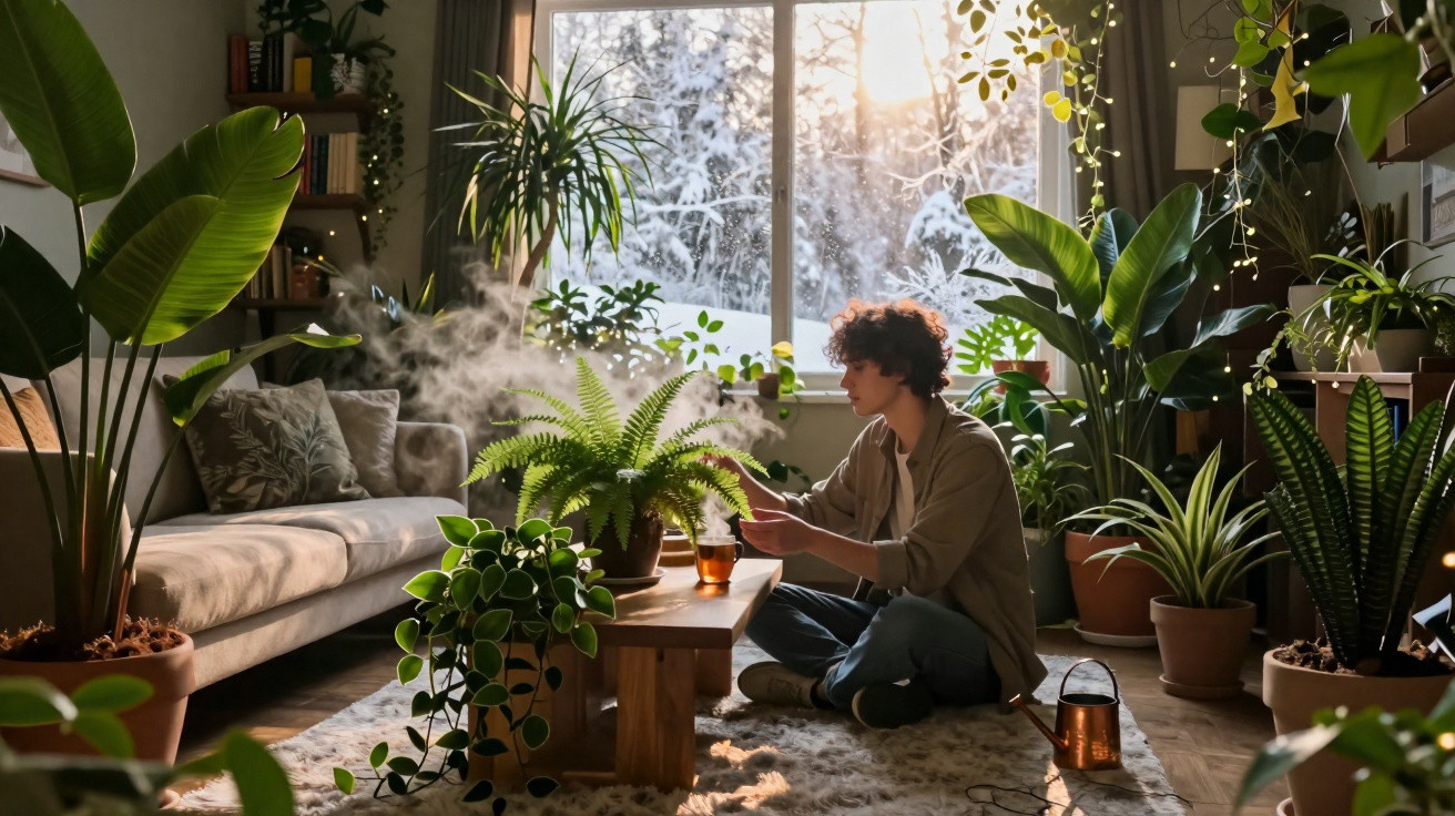Pessoa sentada no chão de sala verdejante, cuidando de plantas, com janela a mostrar paisagem nevada.