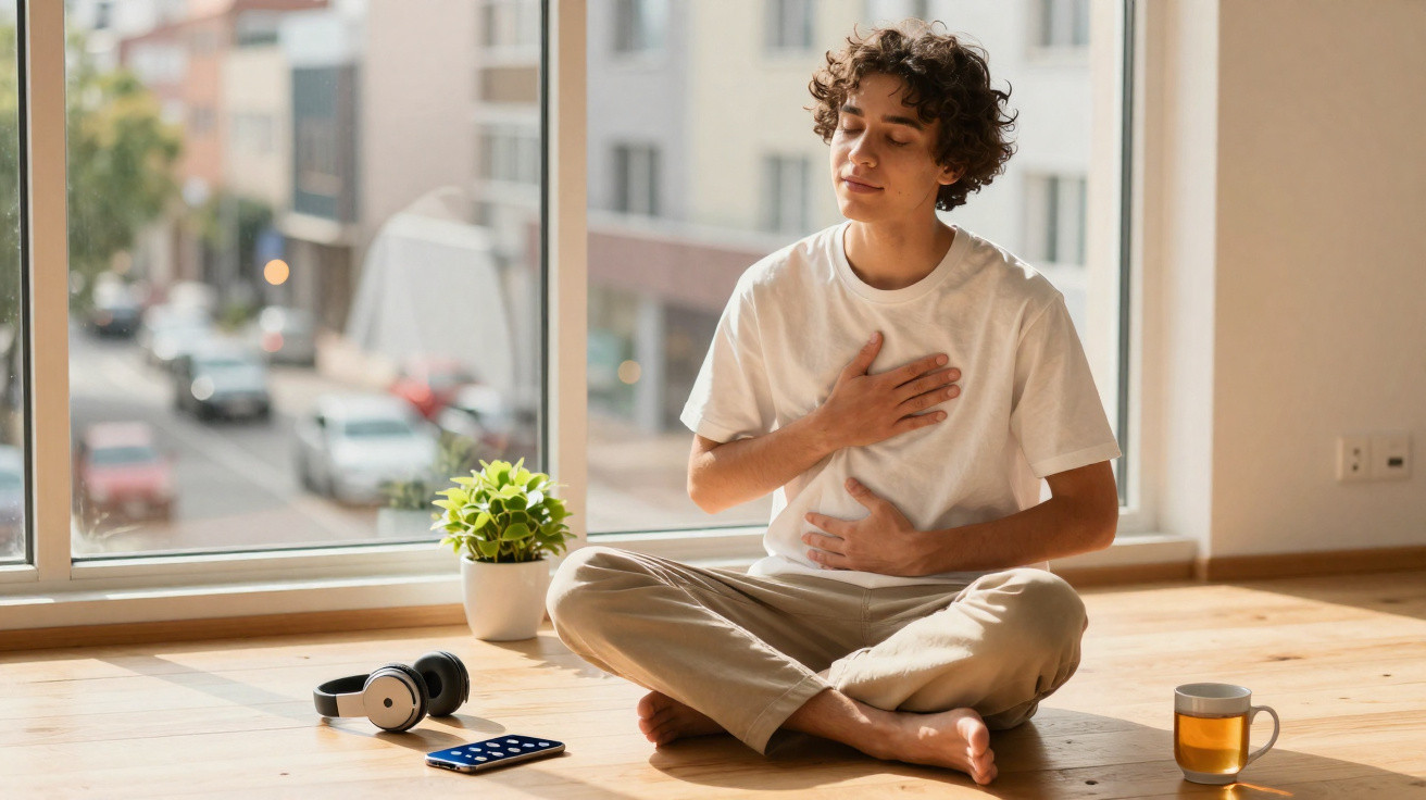 Pessoa jovem sentada em posição de meditação junto a uma janela, com olhos fechados, praticando respiração profunda.