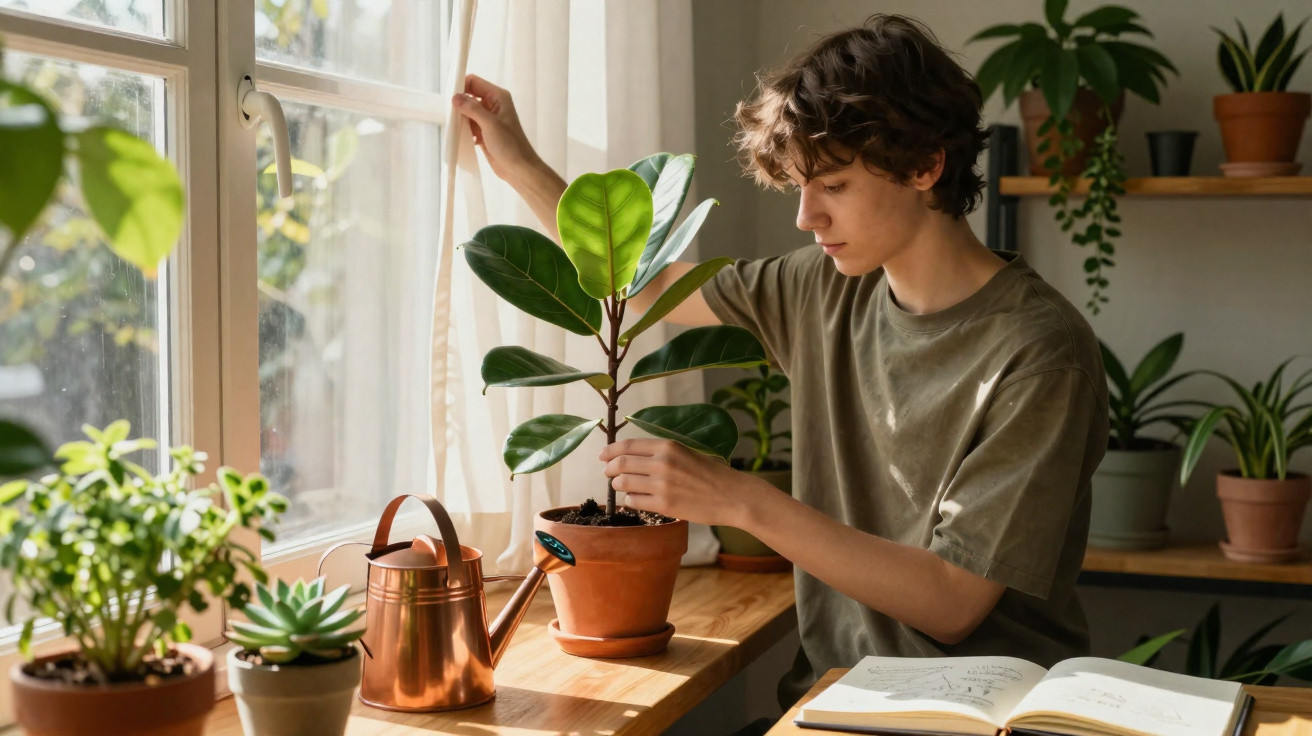 Jovem a cuidar de planta numa janela, rodeado de várias plantas e livro aberto numa mesa de madeira.