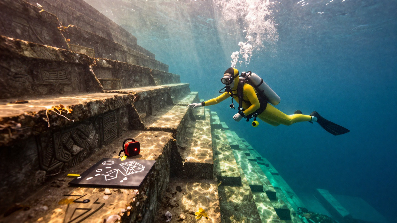 Mergulhador em fato amarelo explora escadaria submersa com inscrições e objetos na água cristalina.