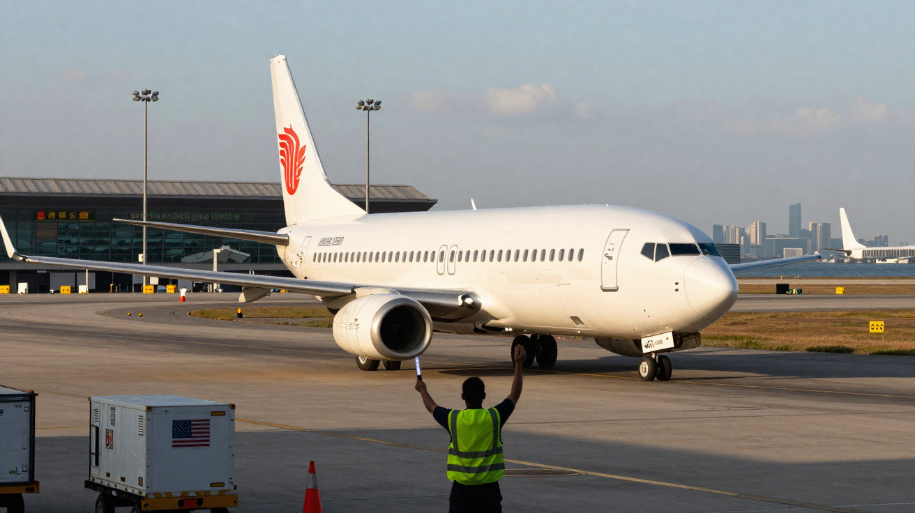 Avião comercial branco a taxiar no aeroporto com operador em colete refletor a orientar.