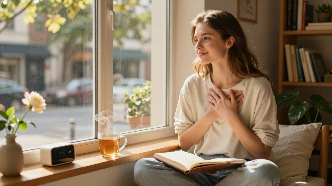 Mulher sentada junto à janela com livro aberto, apreciando a vista e segurando as mãos no peito.