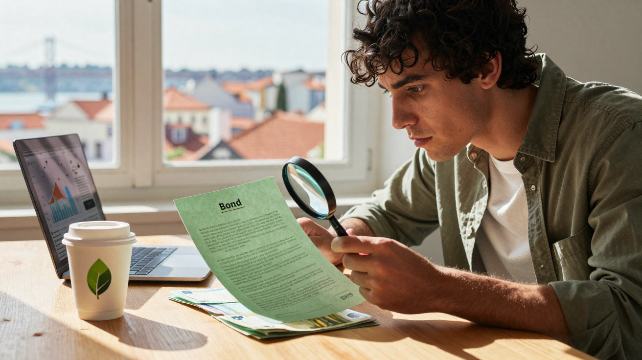 Homem sentado à mesa com lupa a analisar documento sobre obrigações, com computador e vista de cidade ao fundo.
