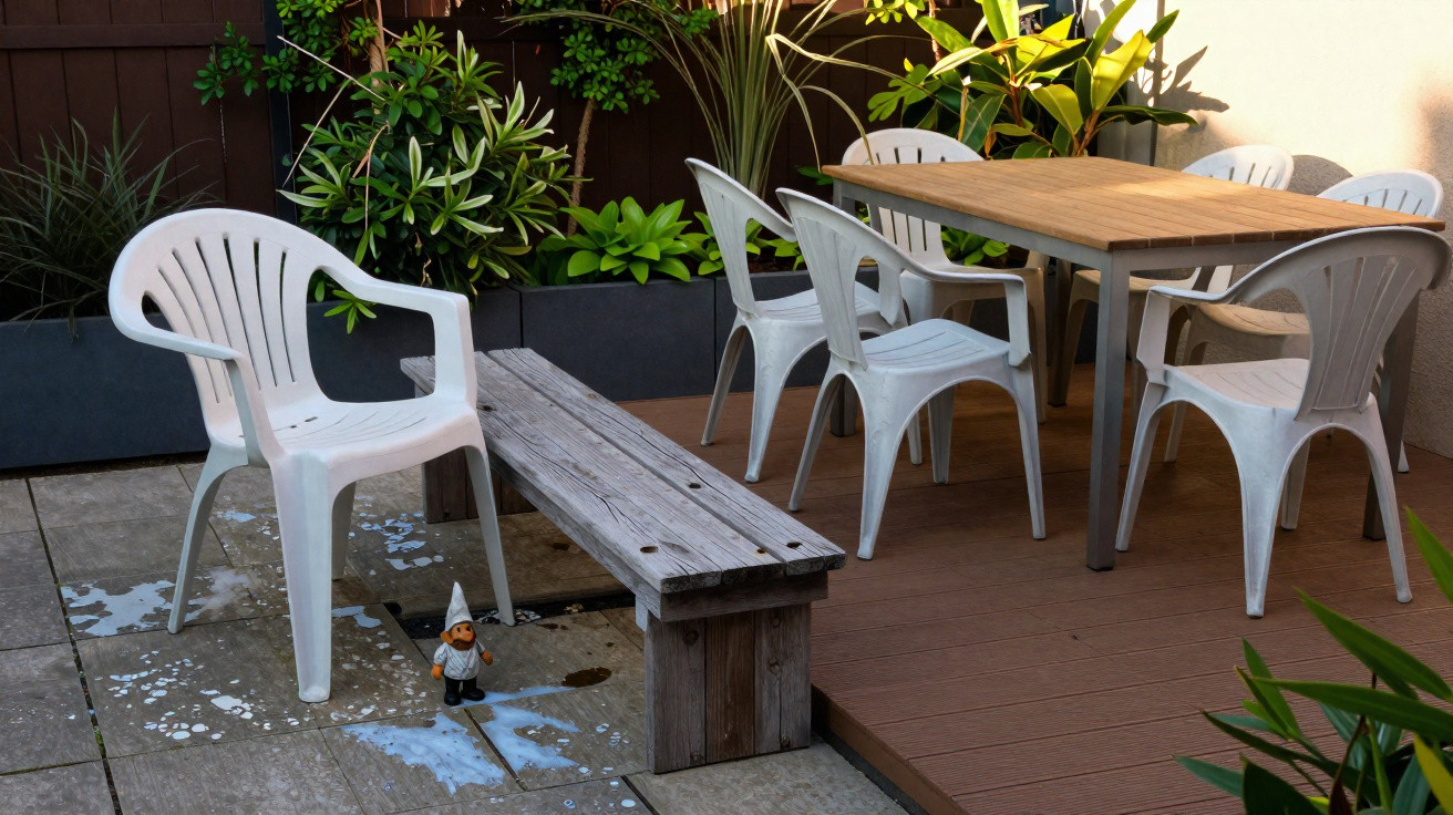 Espaço exterior com cadeiras de plástico, mesa de madeira, banco e plantas decorativas num jardim.