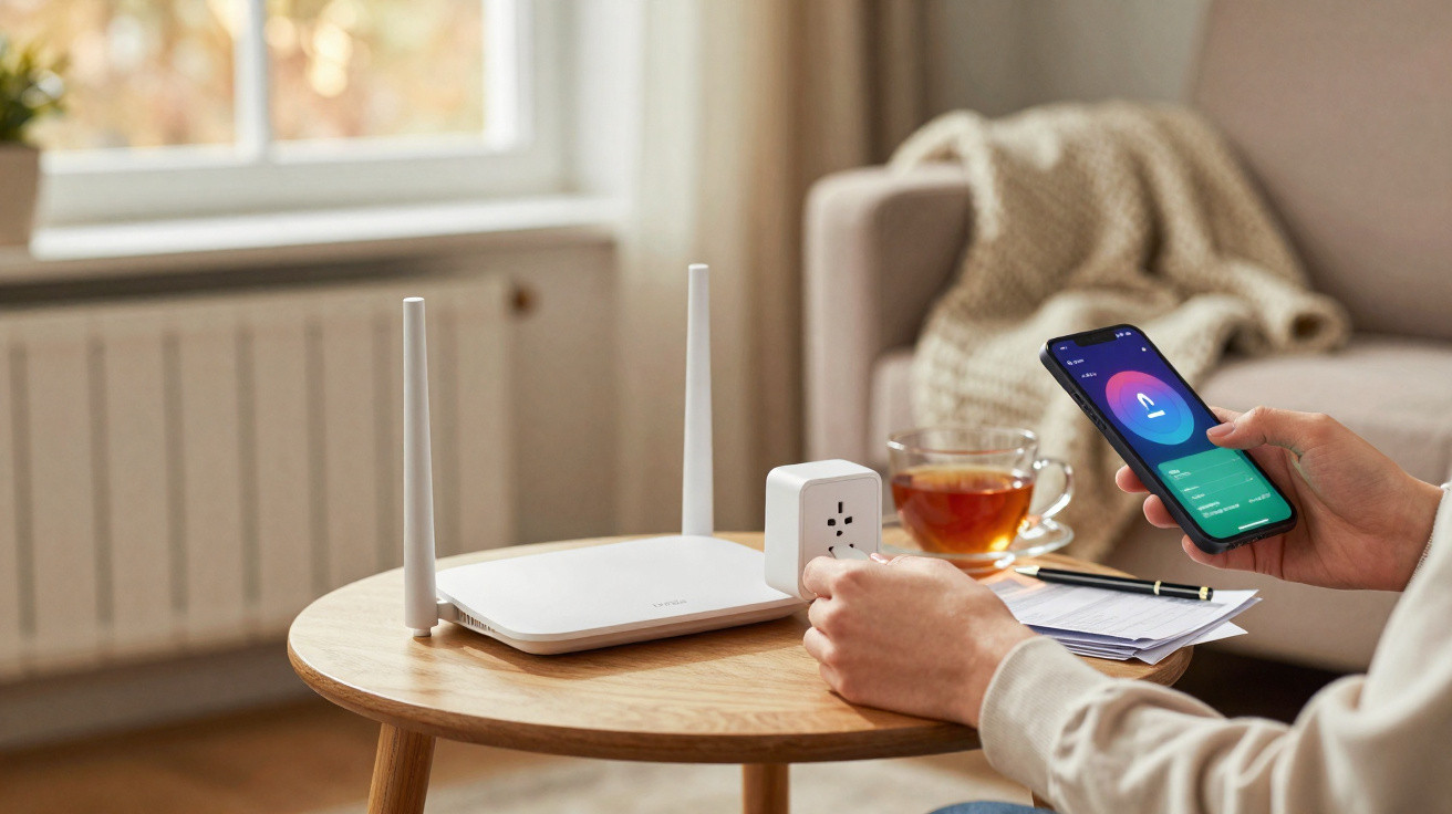 Pessoa controla tomada inteligente com smartphone junto a router Wi-Fi e chá numa mesa de madeira numa sala.