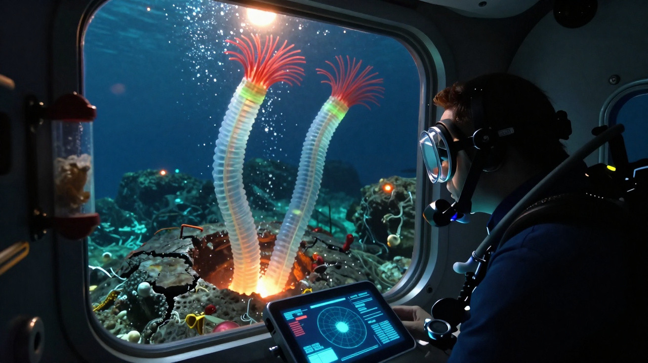Mergulhador dentro de submersível observa a vida marinha colorida através da janela subaquática.