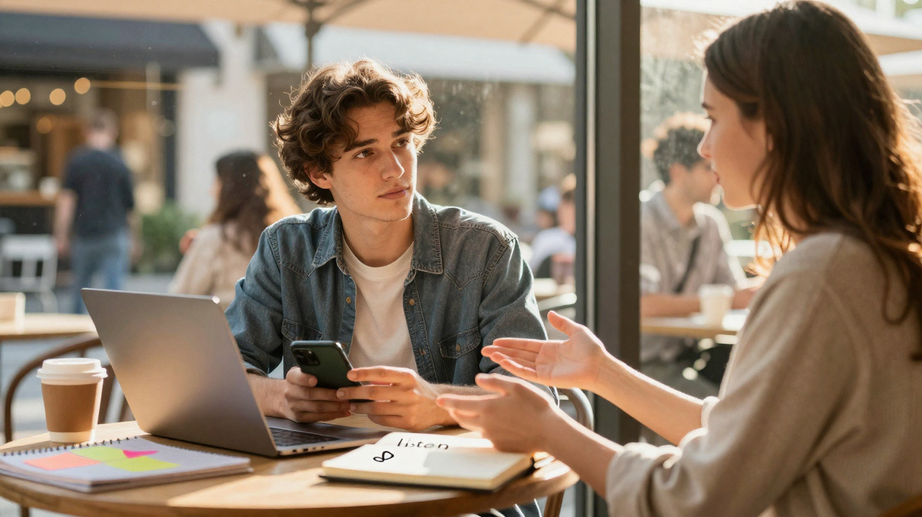 Dois jovens sentados num café a conversar, com computador portátil, caderno e café na mesa.