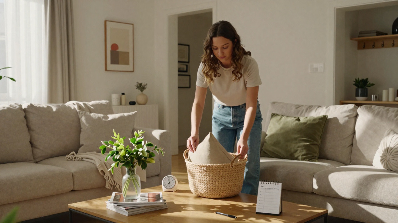 Mulher a arrumar almofada numa cesta em sala de estar luminosa com decoração neutra e plantas.