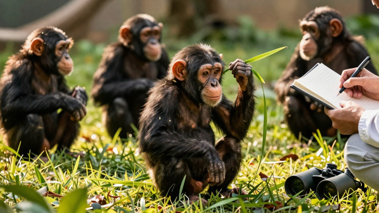 Quatro chimpanzés jovens sentados na relva enquanto um observador anota informações num caderno.