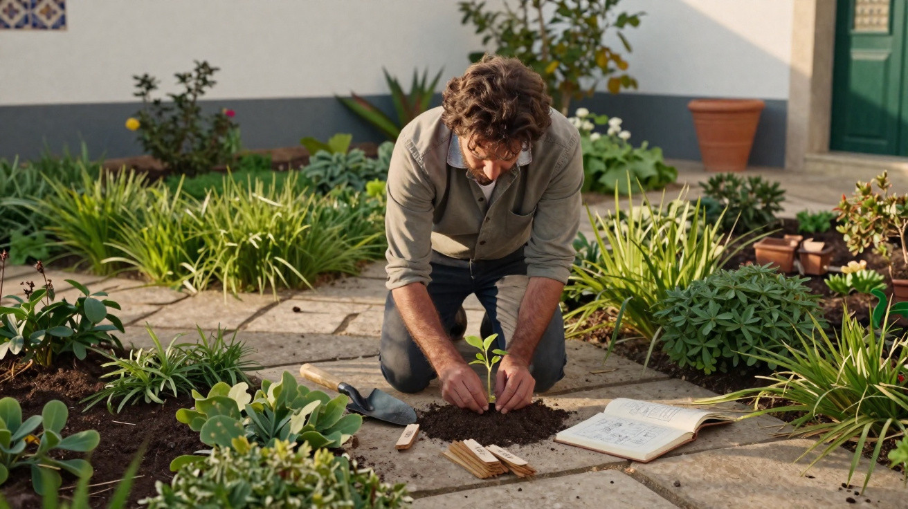 Homem a plantar uma muda numa pequena horta com várias plantas ao redor num espaço exterior.