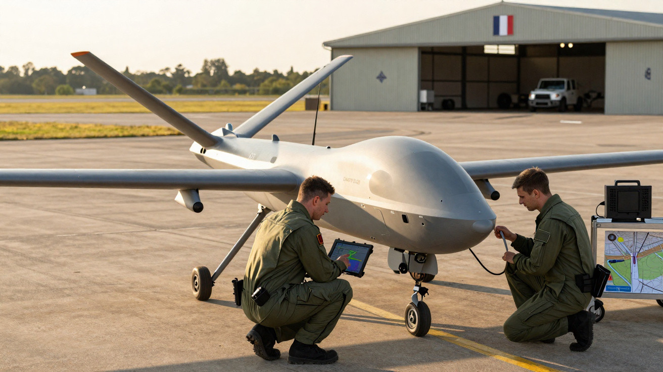 Dois militares junto a um drone no solo, com hangar e viatura ao fundo durante o dia.