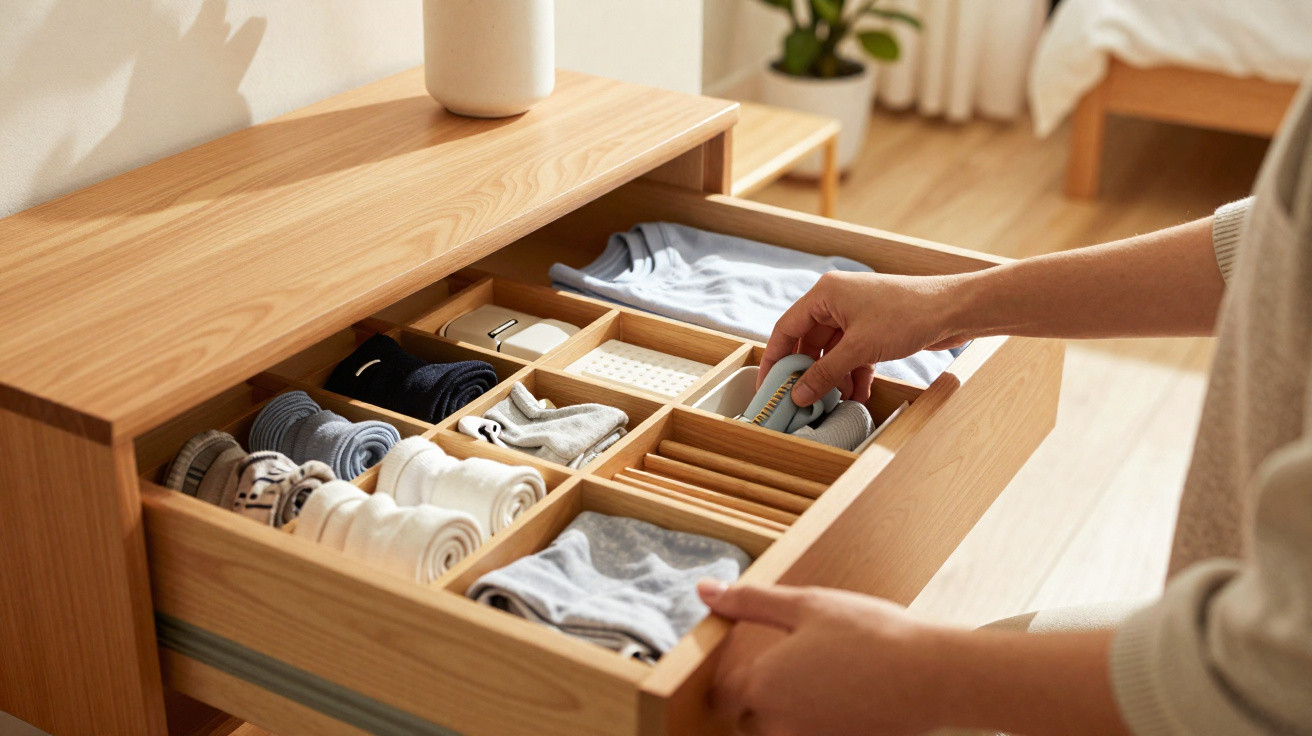Cajão de madeira com roupa organizada e mão a guardar peças num quarto iluminado.