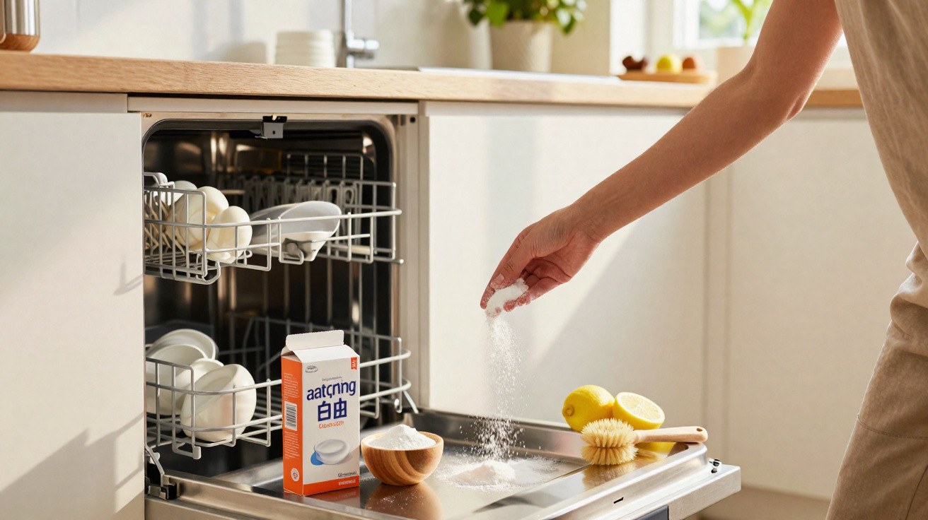 Pessoa a colocar detergente em pó na máquina de lavar loiça numa cozinha luminosa e organizada.