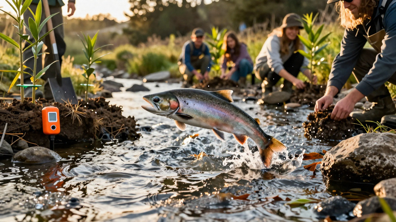 Peixe a saltar num riacho com quatro pessoas a plantar vegetação na margem ao fundo.