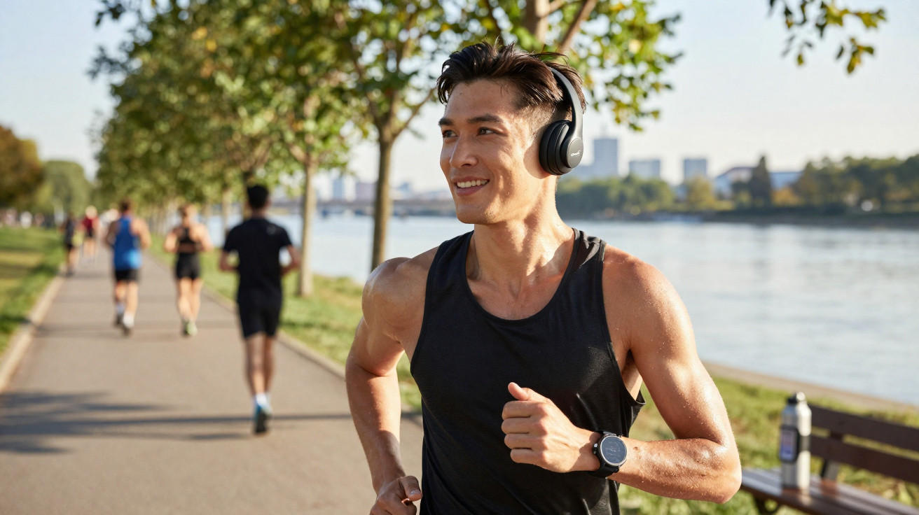 Homem a correr com fones de ouvido e relógio num parque à beira de um rio em dia solarengo.