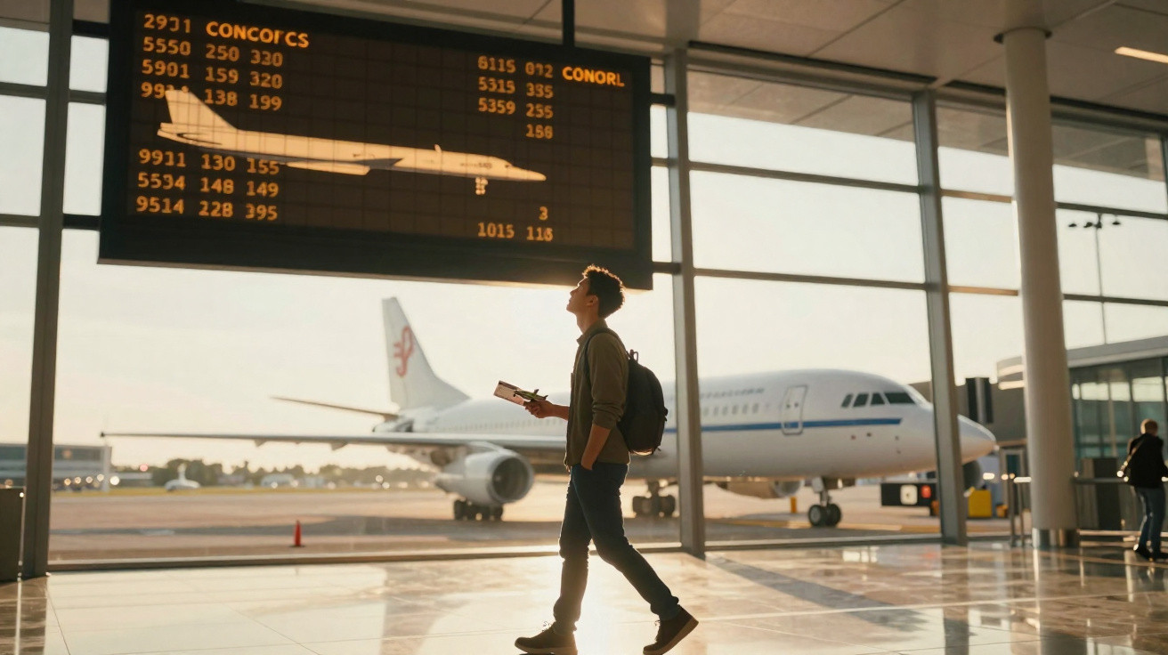 Jovem com mochila consulta painel de voos no aeroporto com avião estacionado ao fundo.